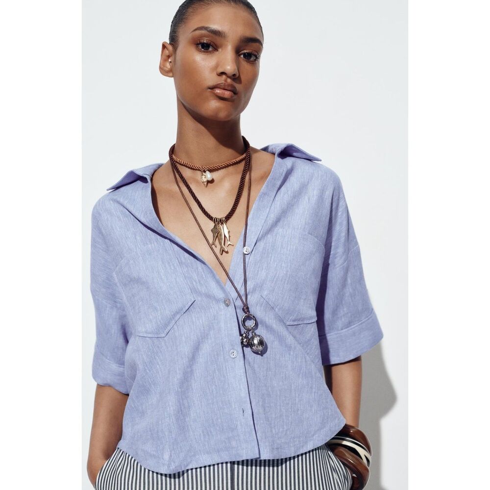 NWT ZARA LINEN BLEND CROPPED SHIRT